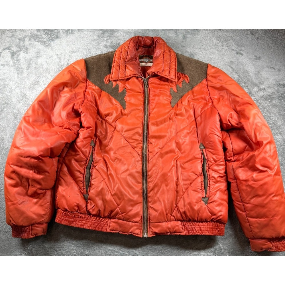 Vtg Pioneer Wear Western Puffer Jacket Orange Brown USA Mens L
